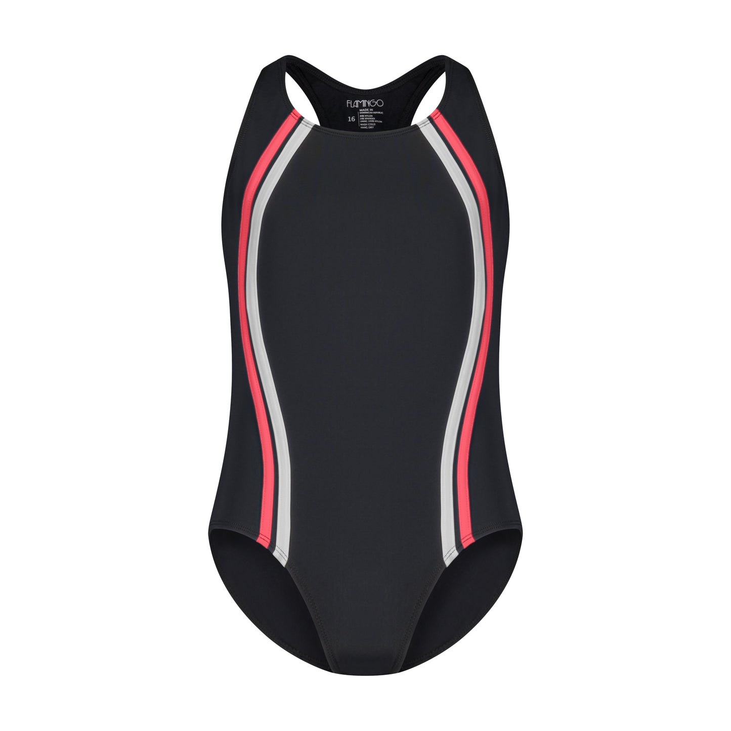 Girls One Piece Bathing Suit - Black/Coral - Flamingo