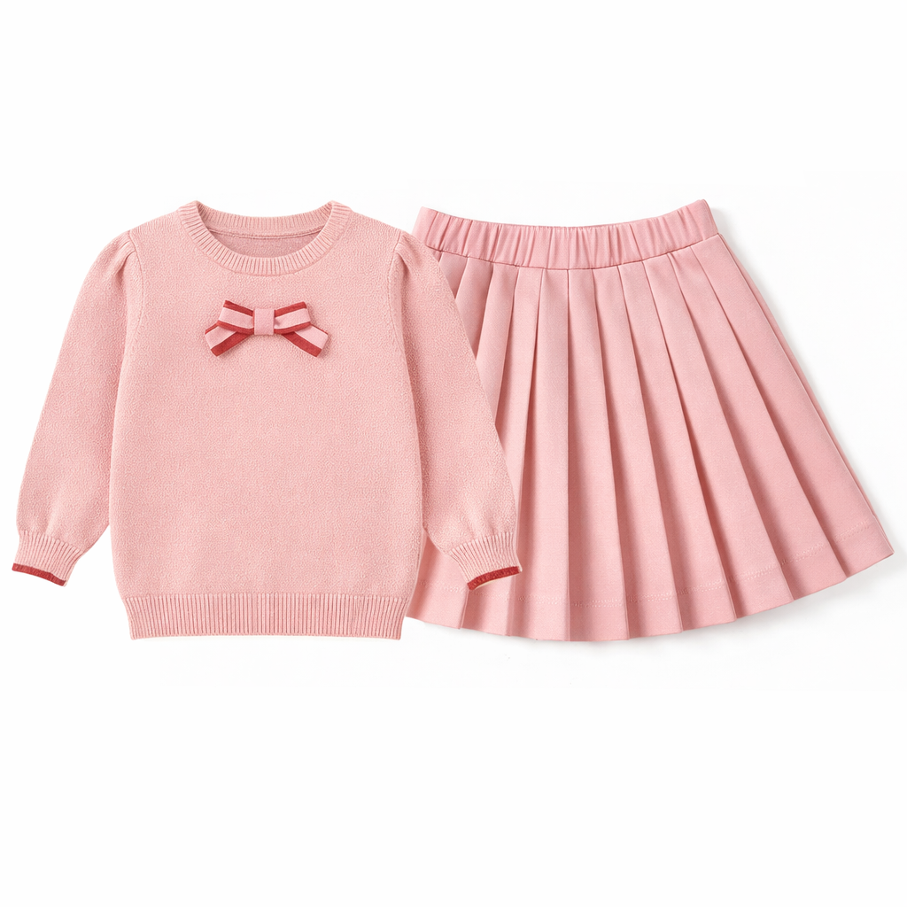 Belle Girls Bow Sweater + Pleated Skirt Set