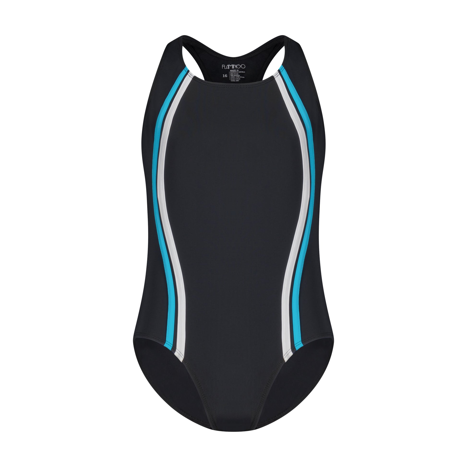 Girls One Piece Bathing Suit - Black/Aqua - Flamingo