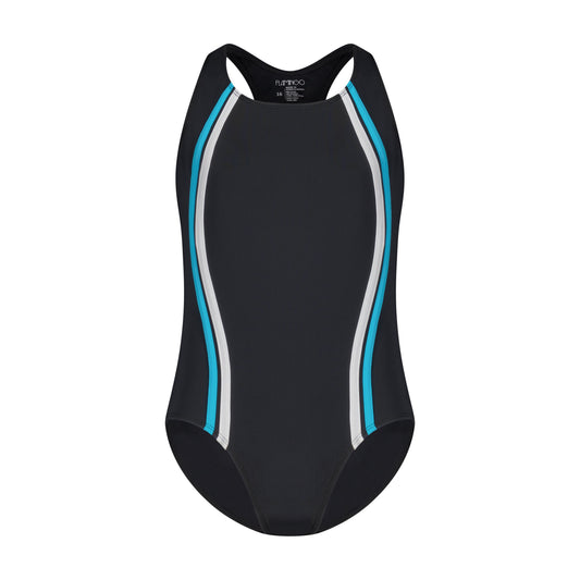 Girls One Piece Bathing Suit - Black/Aqua - Flamingo