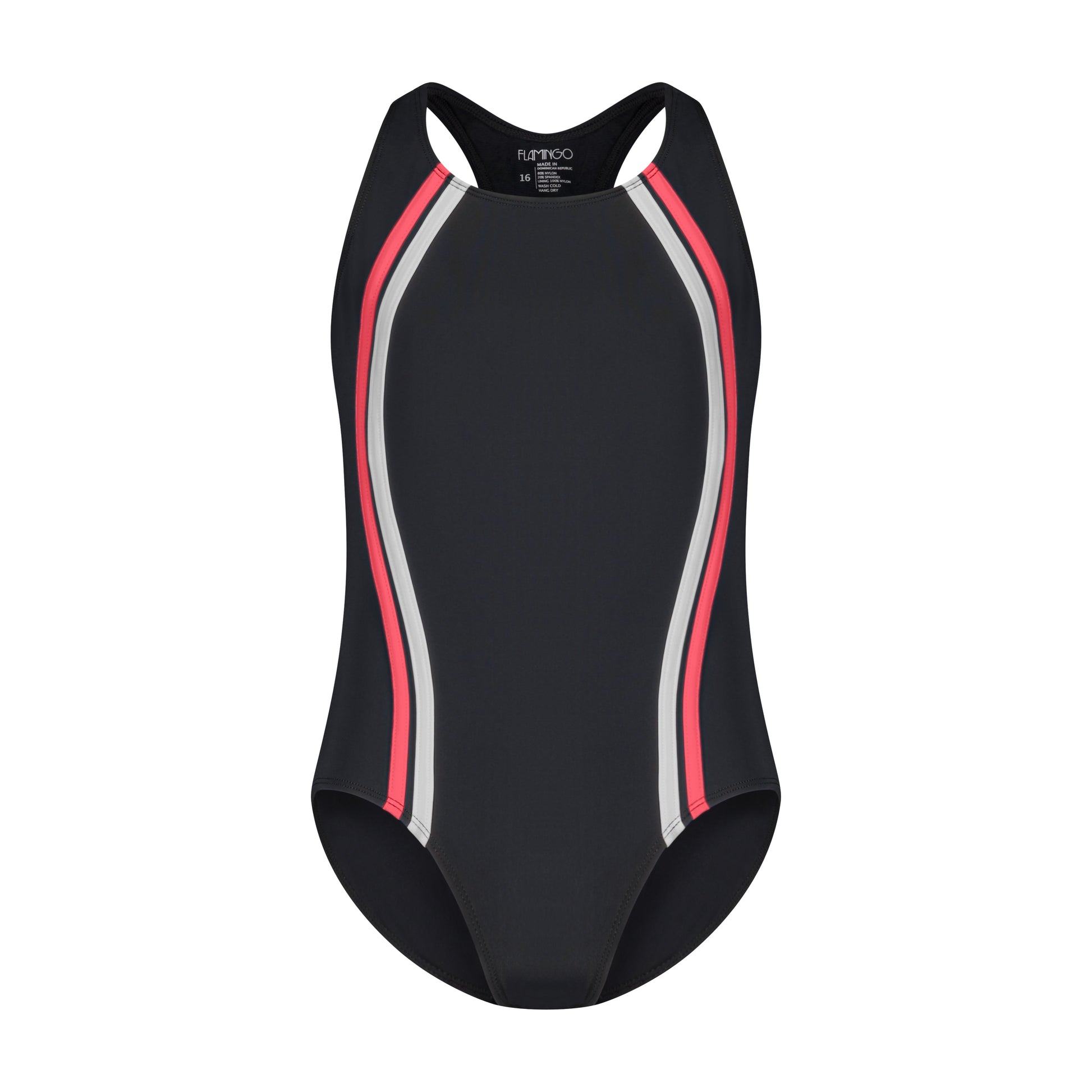 Girls One Piece Bathing Suit - Black/Coral - Flamingo