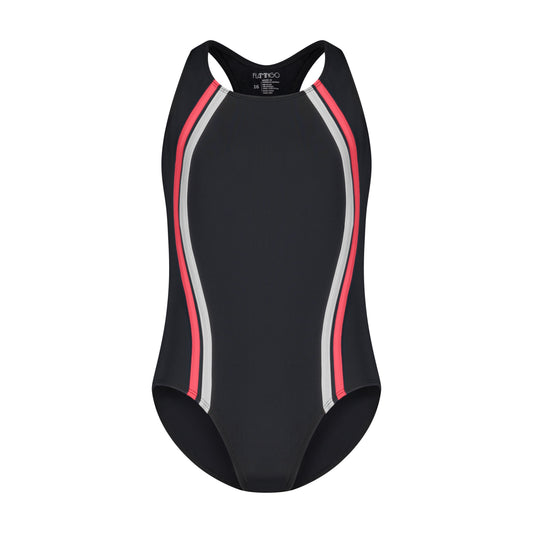 Girls One Piece Bathing Suit - Black/Coral - Flamingo