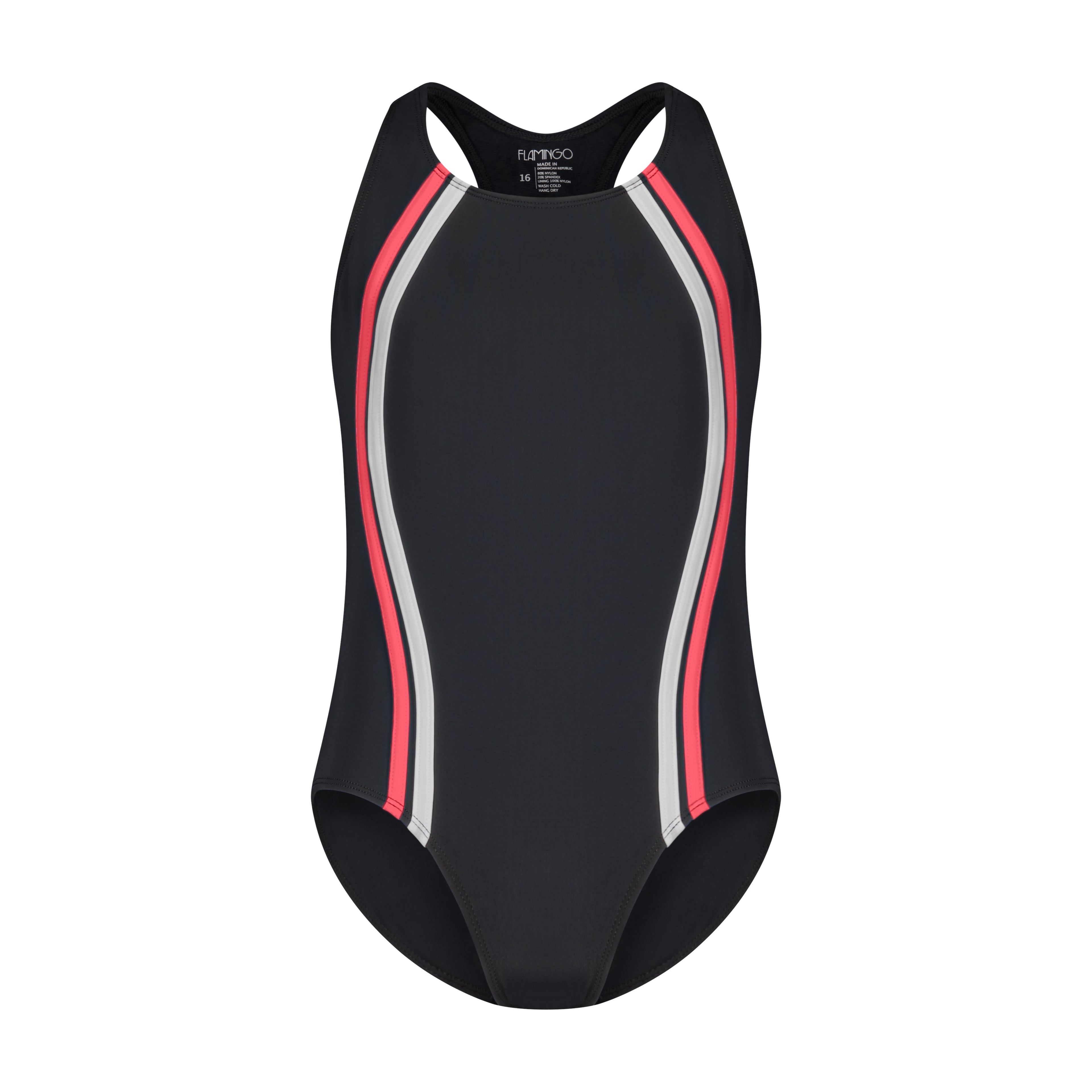Girls One Piece Bathing Suit - Black/Coral - Flamingo