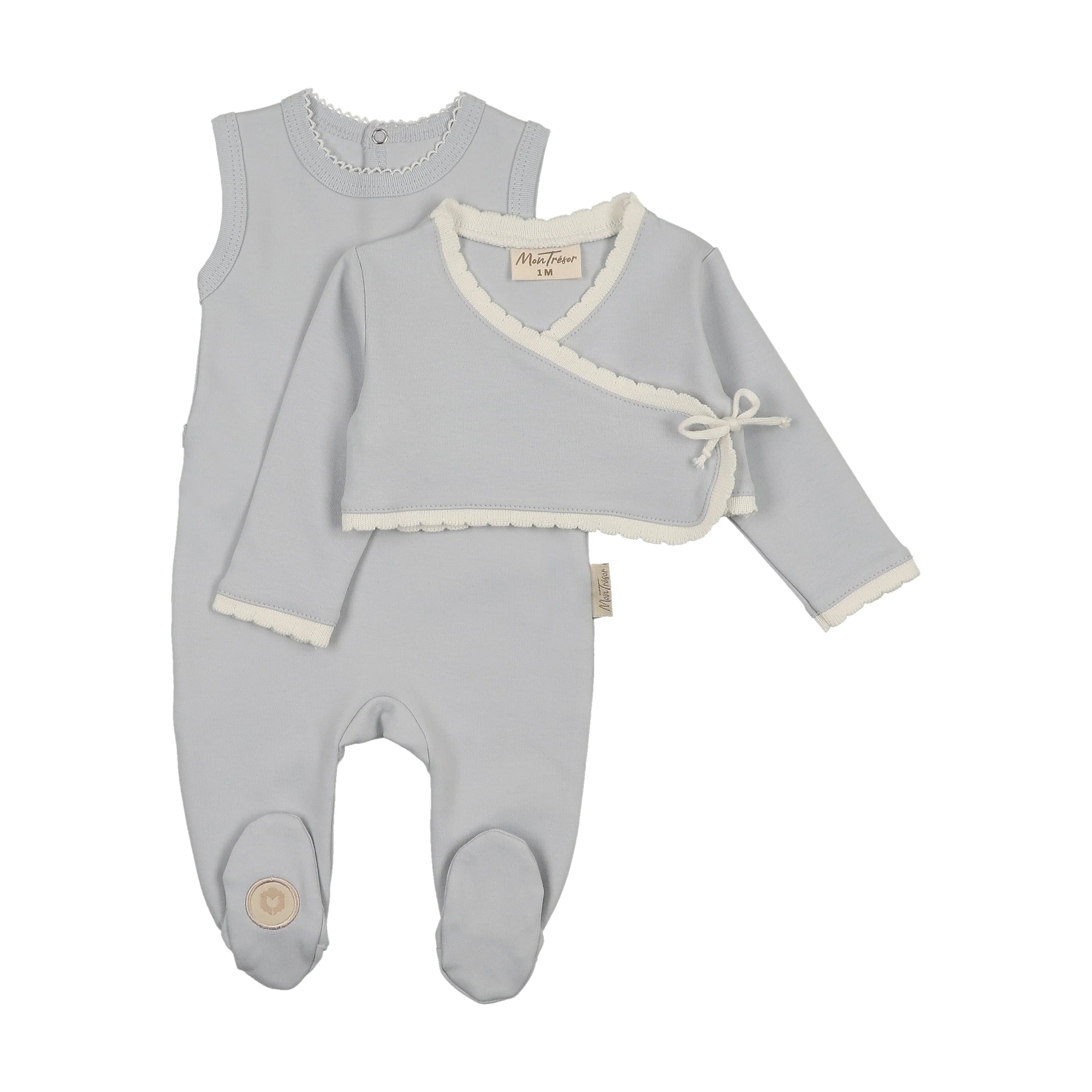 Scalloped Wrap Cardigan Footie & Hat Set