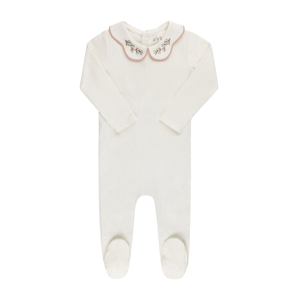 Wide Rib Embroidered Scallop Collar Footie Ivory/pink