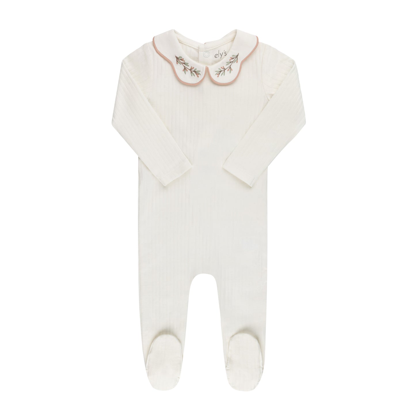 Wide Rib Embroidered Scallop Collar Footie Ivory/pink