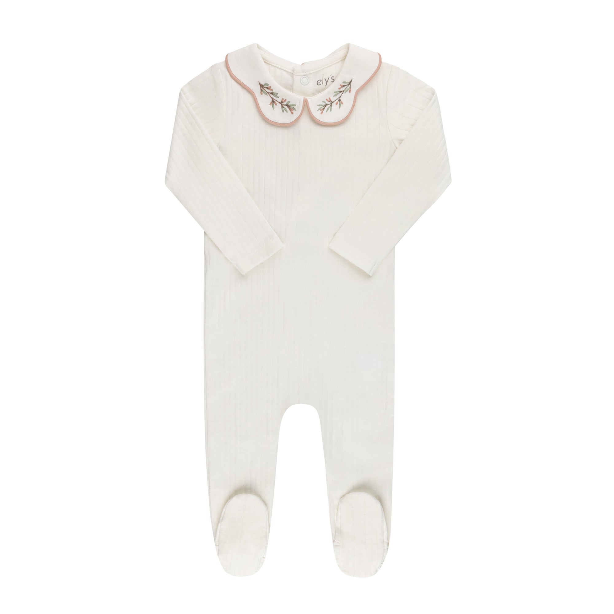 Wide Rib Embroidered Scallop Collar Footie Ivory/pink