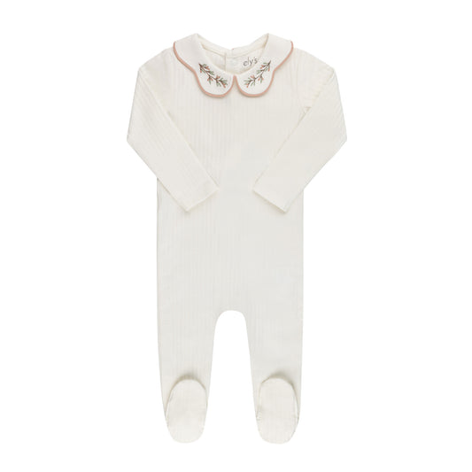 Wide Rib Embroidered Scallop Collar Footie Ivory/pink