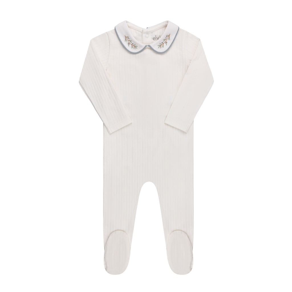 Wide Rib Embroidered Scallop Collar Footie Ivory/blue