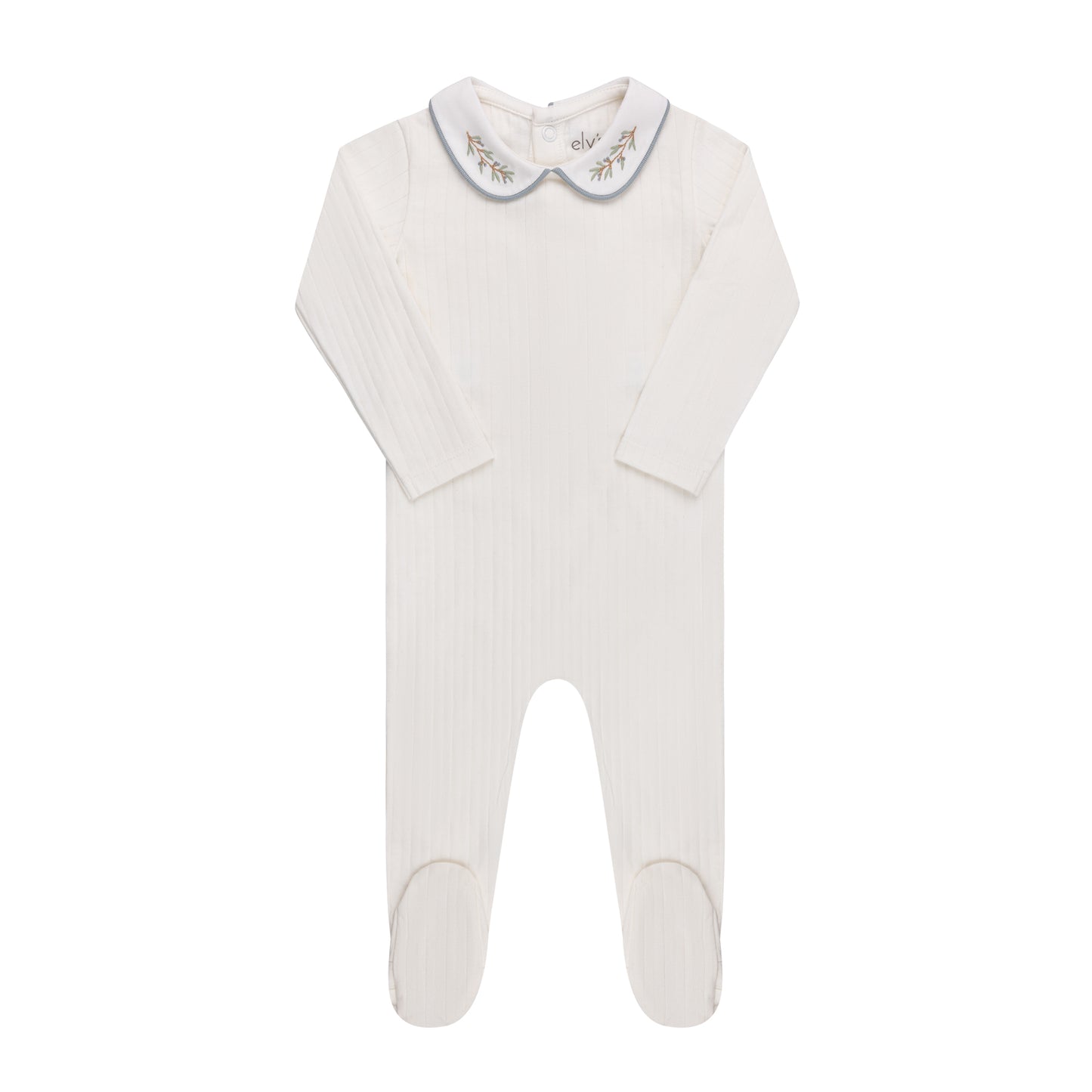 Wide Rib Embroidered Scallop Collar Footie Ivory/blue