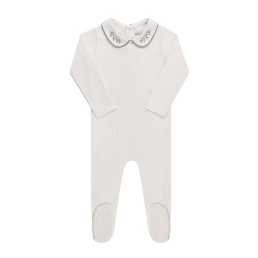 Wide Rib Embroidered Scallop Collar Footie Ivory/blue