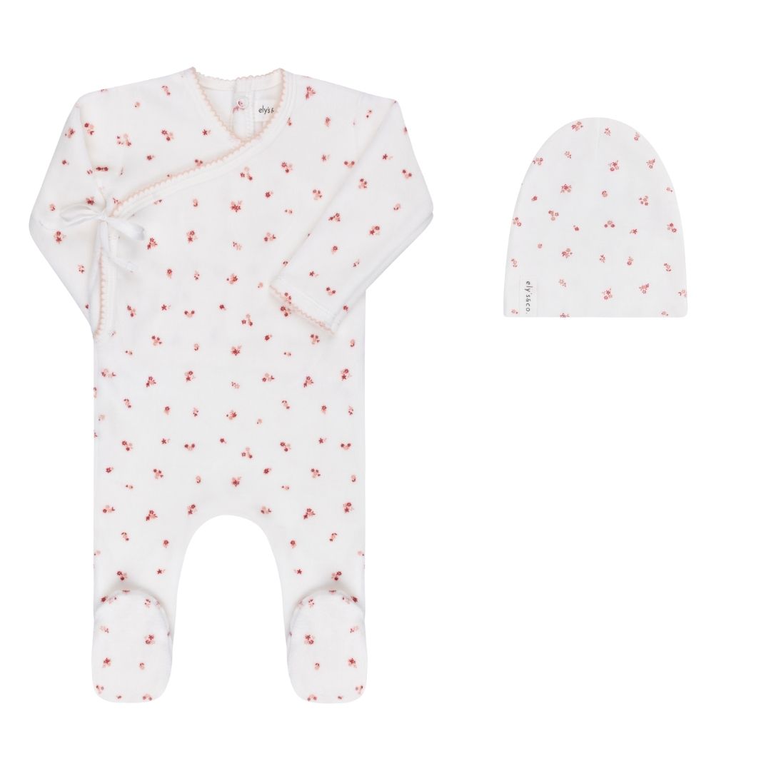 Velour Cluster Flower footie + Cotton Beanie