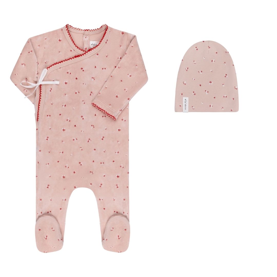 Velour Cluster Flower footie + Cotton Beanie
