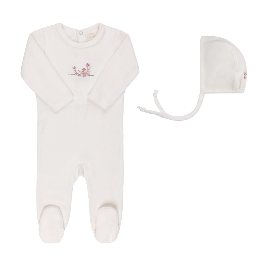 Ely's & co Velour Embroidered Flowers Footie + Bonnet