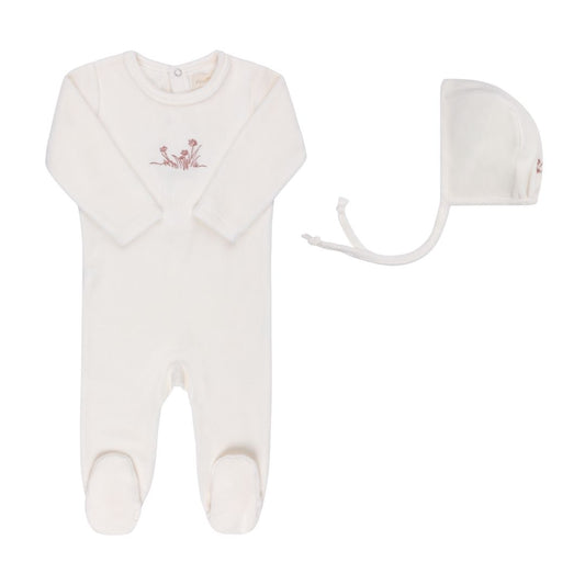Ely's & co Velour Embroidered Flowers Footie + Bonnet