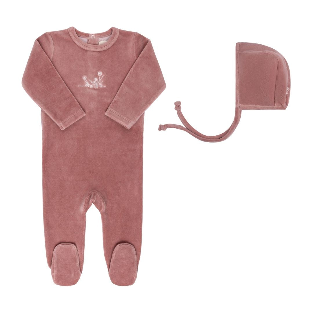 Ely's & co Velour Embroidered Flowers Footie + Bonnet