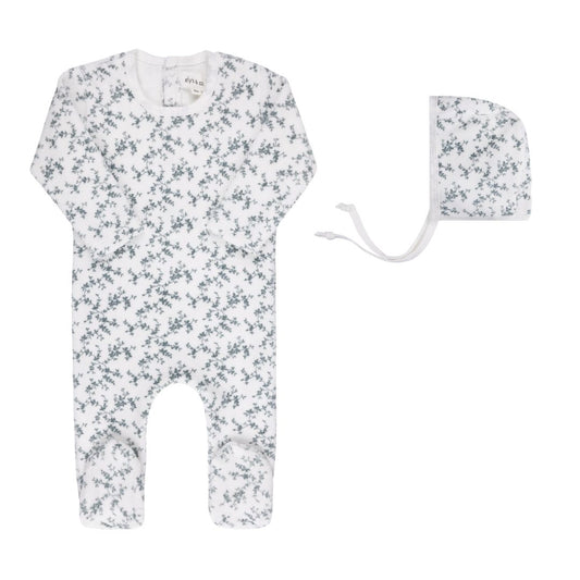 Velour Vine Pattern Blue on Ivory Footie + Bonnet
