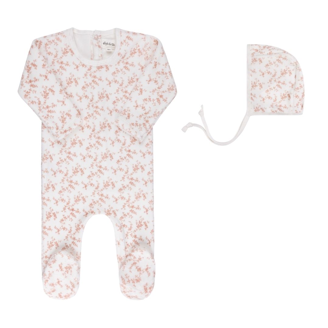 Velour Vine Pattern Pink on Ivory Footie + Bonnet