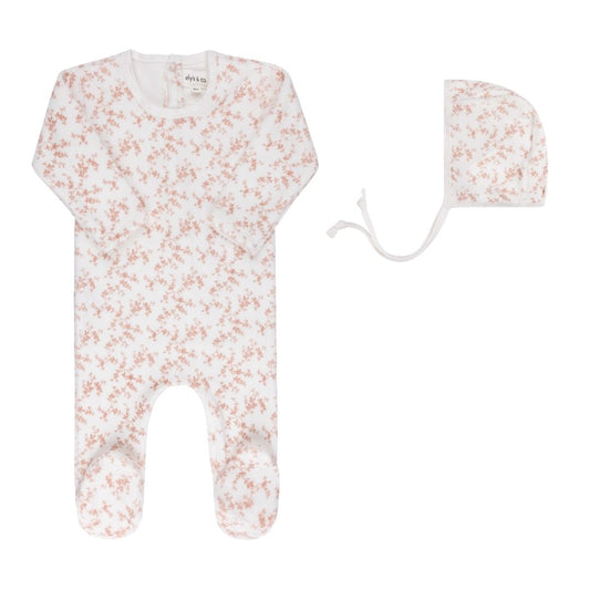 Velour Vine Pattern Pink on Ivory Footie + Bonnet