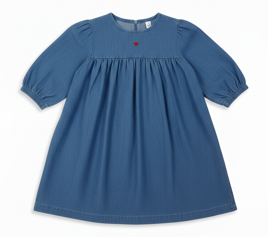 Belle Girls Long Sleeve Denim Heart Motif Dress