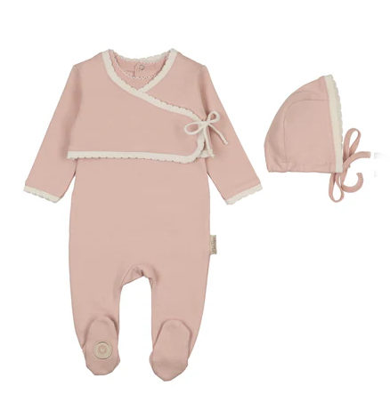 Scalloped Wrap Cardigan Footie & Hat Set