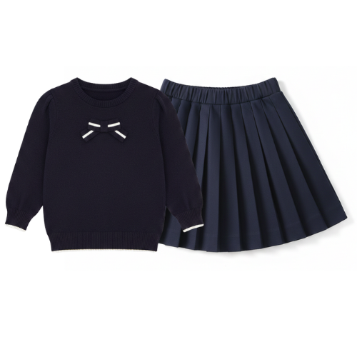 Belle Girls Bow Sweater + Pleated Skirt Set