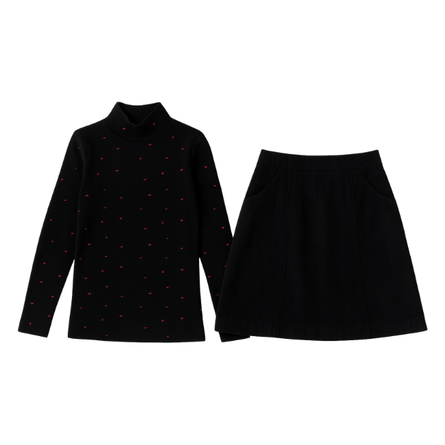Big Girl Printed Cherry Mockneck & Denim Skirt Set