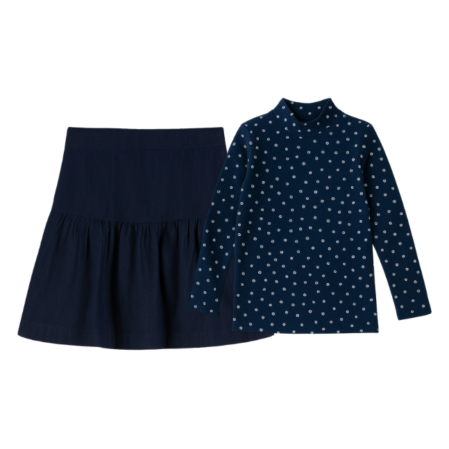 Big Girl Printed Floral Mockneck & Denim Skirt Set