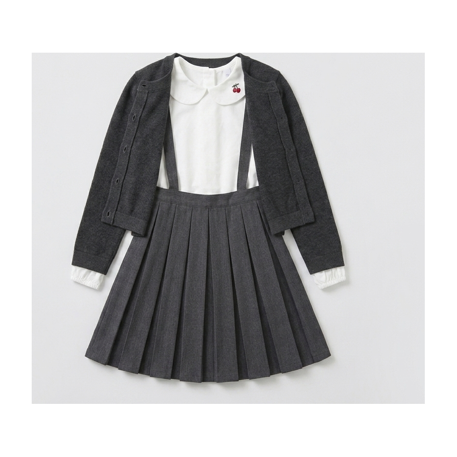 Little Girl Cable Knit Cardigan & Blouse Set with Suspender Knit Skirt