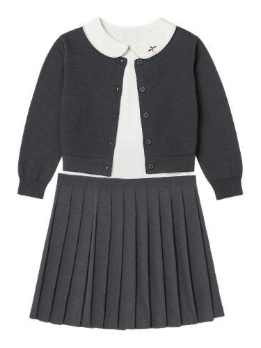 Little Girl Cable Knit Cardigan & Blouse Set with Suspender Knit Skirt