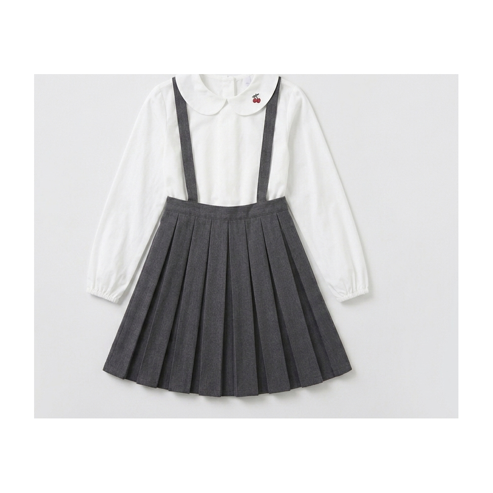 Little Girl Cable Knit Cardigan & Blouse Set with Suspender Knit Skirt