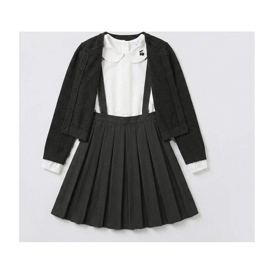 Little Girl Cable Knit Cardigan & Blouse Set with Suspender Knit Skirt