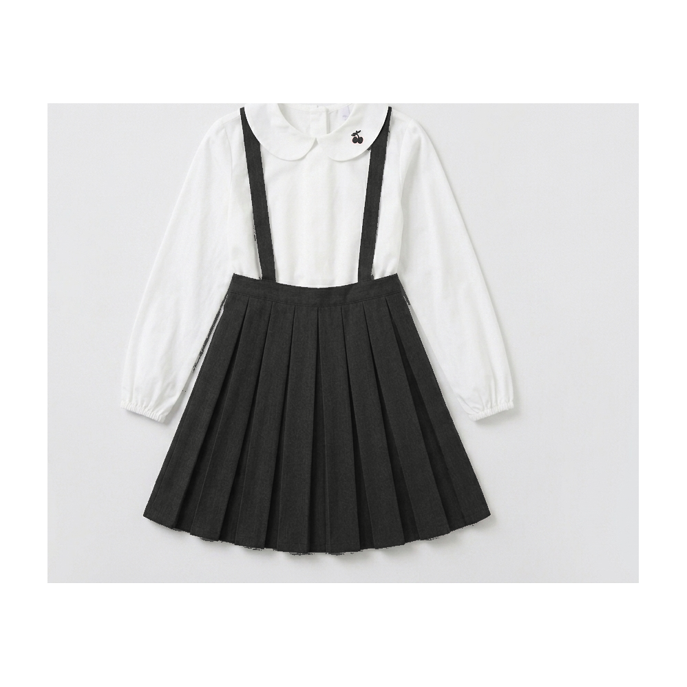 Little Girl Cable Knit Cardigan & Blouse Set with Suspender Knit Skirt