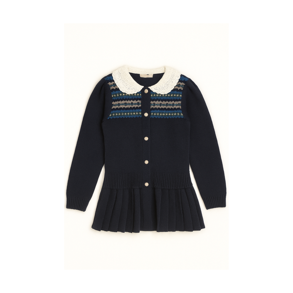 Little Girl Fair Isle Cardigan with Pleated Jumper
