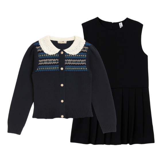 Little Girl Fair Isle Cardigan with Pleated Jumper